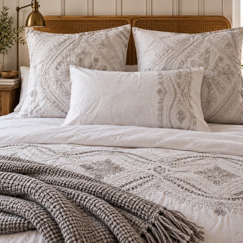 ~West Elm Set of 3 Boho Floral Medallion White Gray Embroidered shams Cotton